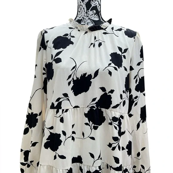 Floral Print Long Sleeve Mini Dress - Black on Cream - Picture 3 of 5